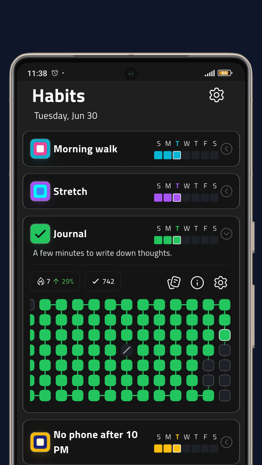 Habit tracker with circuit heatmap